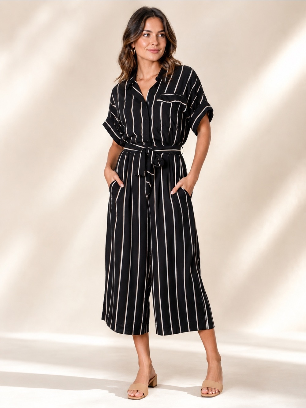 H&M Striped Black Wide-Leg Jumpsuit with Tie Waist size 6